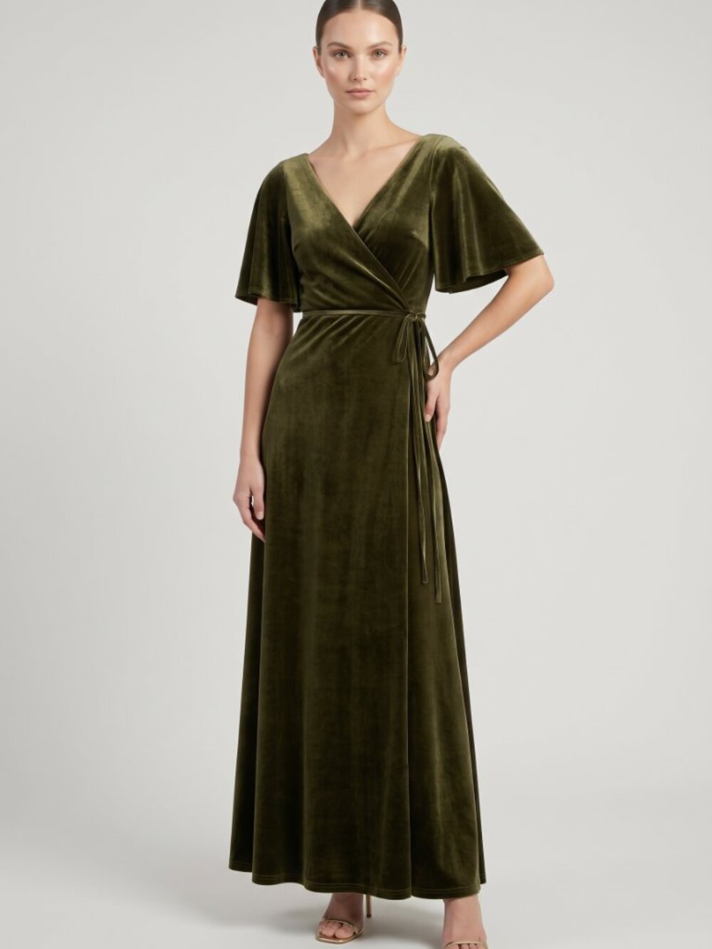 Jenny Yoo Collection Olive Green Velvet Wrap Dress with Flutter Sleeves Size 4 - Picture 2 of 16